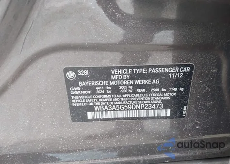 2013 BMW 328I from USA, damaged, VIN WBA3A5G59DNP23473